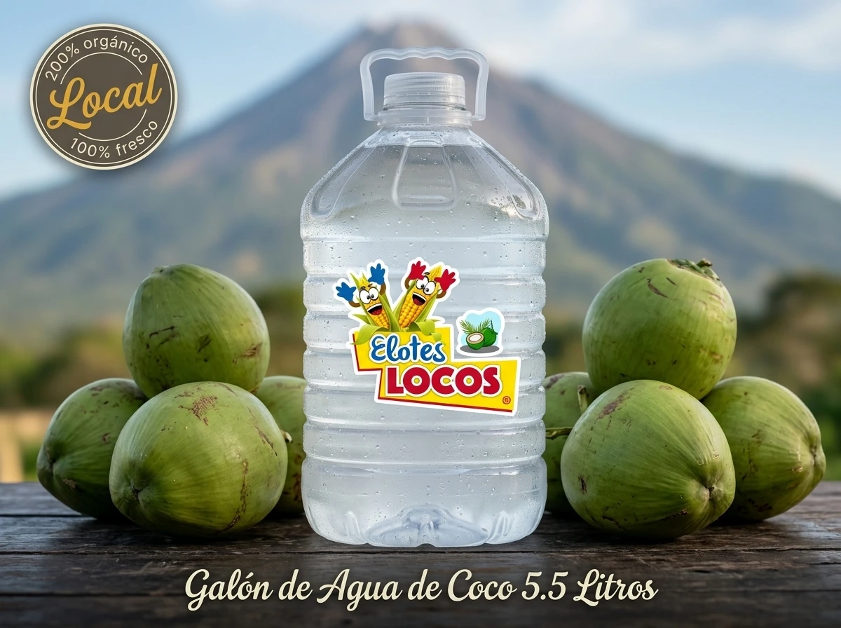 Galón de agua de coco de 5.5 litros junto a cocos frescos, con el logo de Elotes Locos.
