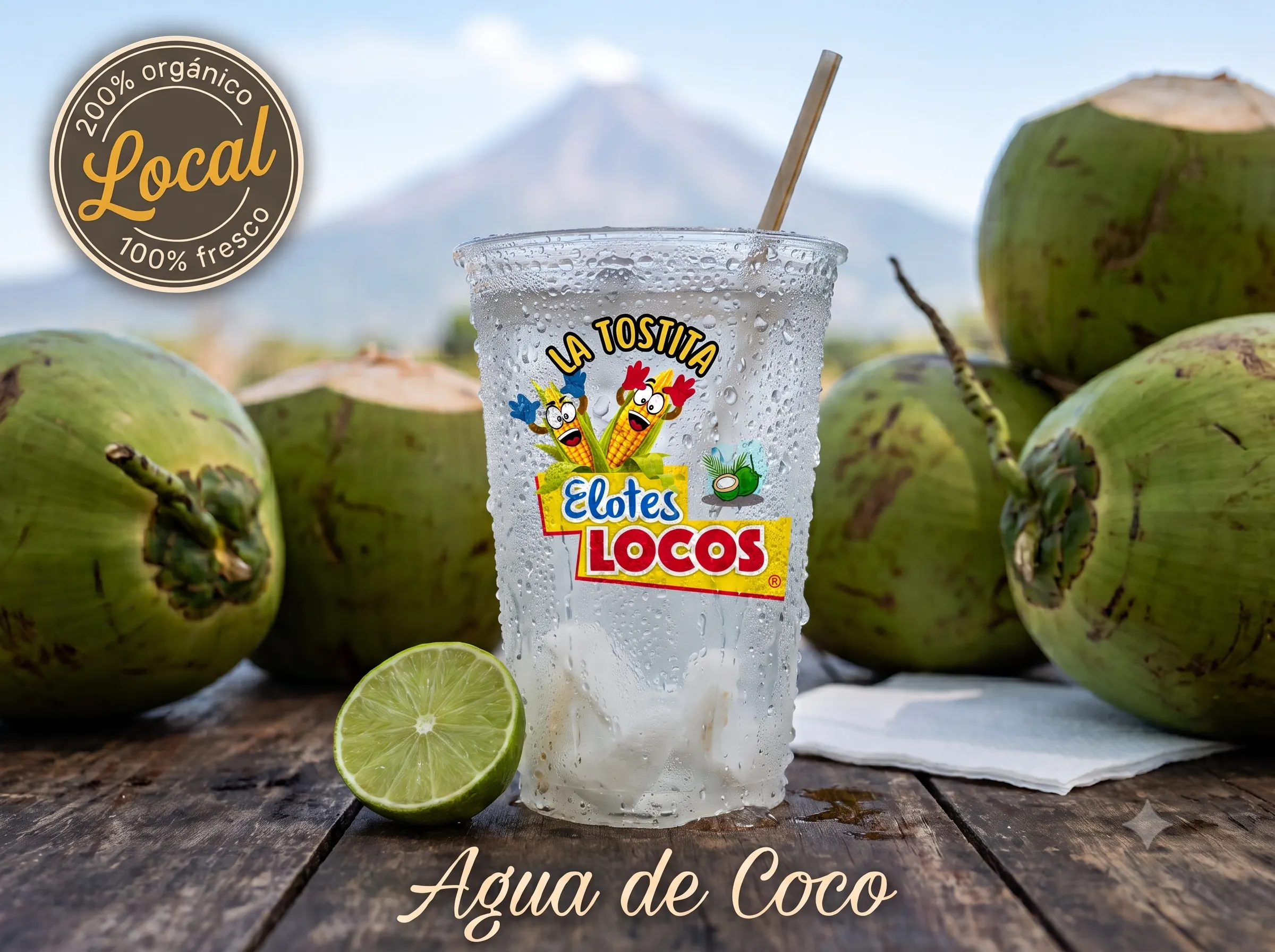 Coco frío con popote, gotas de condensación, listo para tomar.