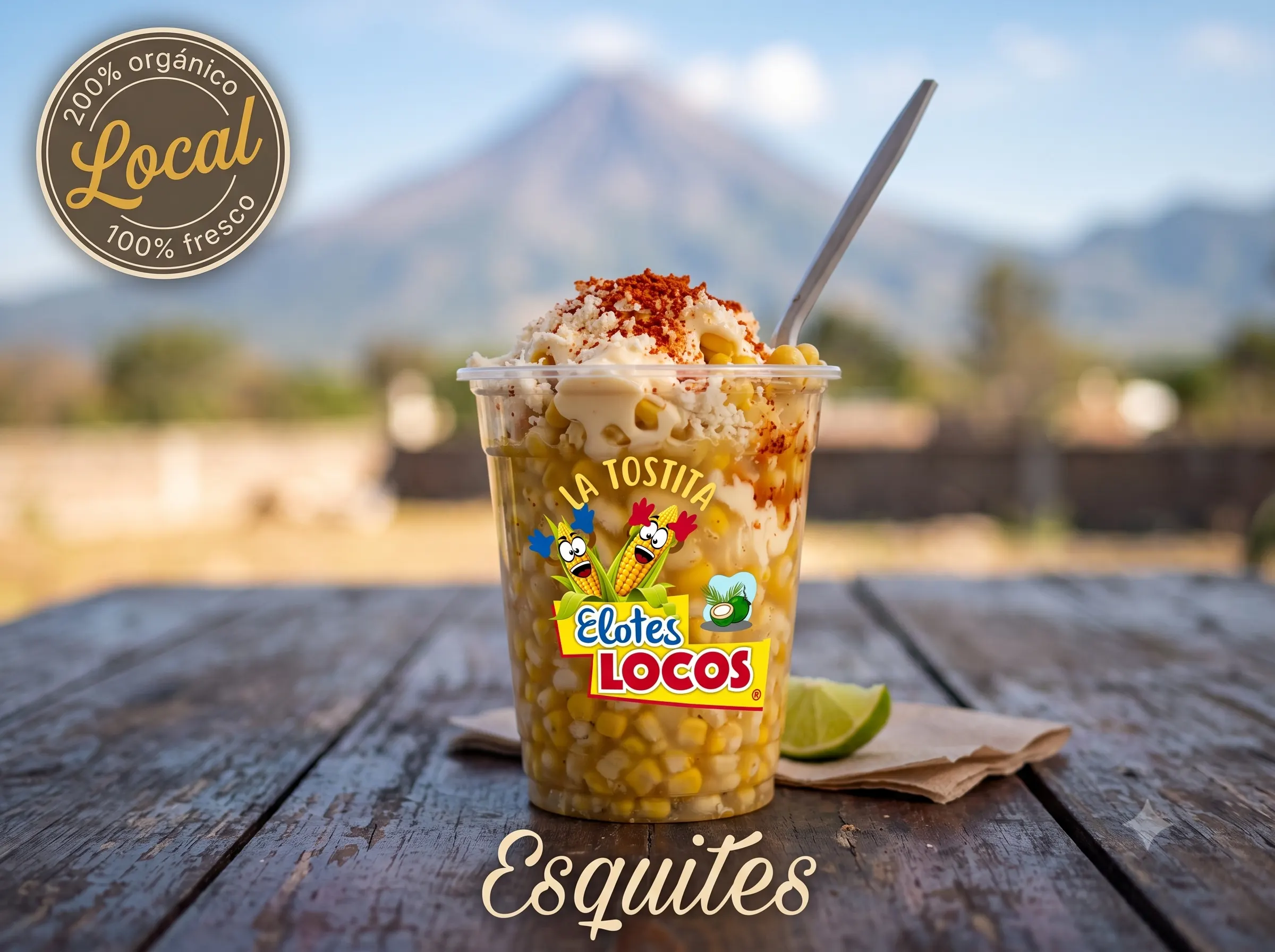 Vaso de esquites con mayonesa, queso y chile en polvo.