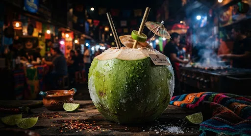 Coco frío con popote, gotas de condensación, listo para tomar.