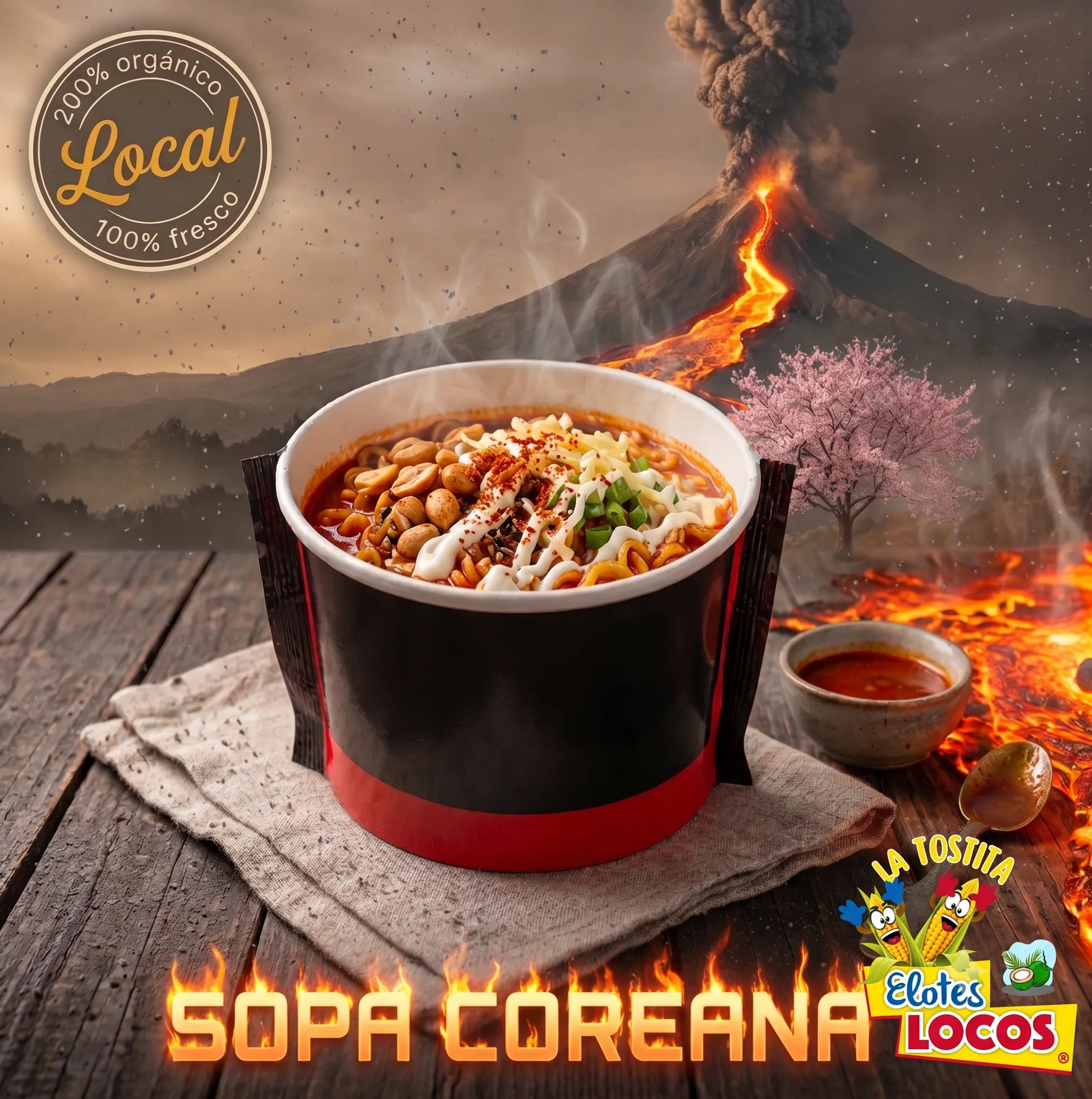 Sopa ramen coreana picante con fideos, cacahuates y queso.