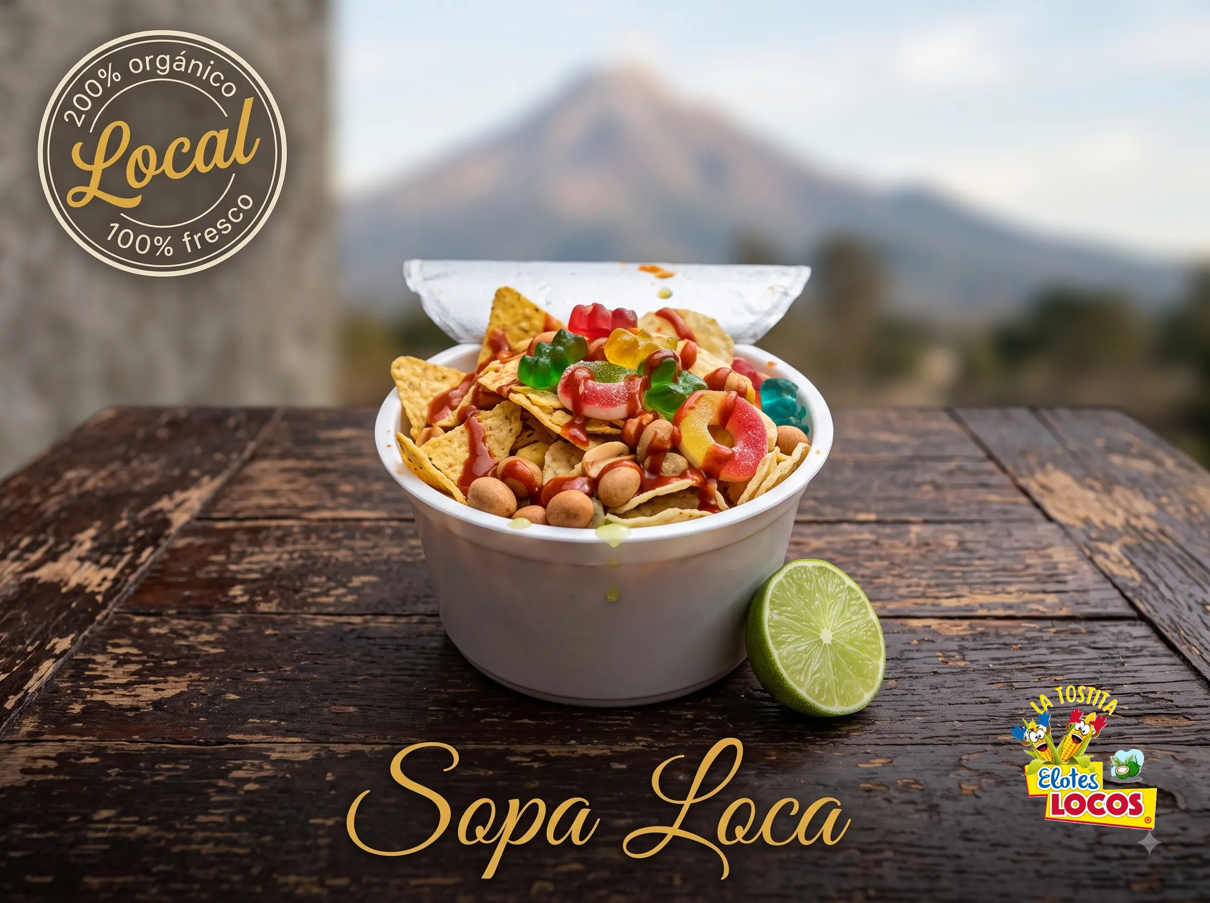 Sopa loca con papas, elote, crema, mayonesa y queso.