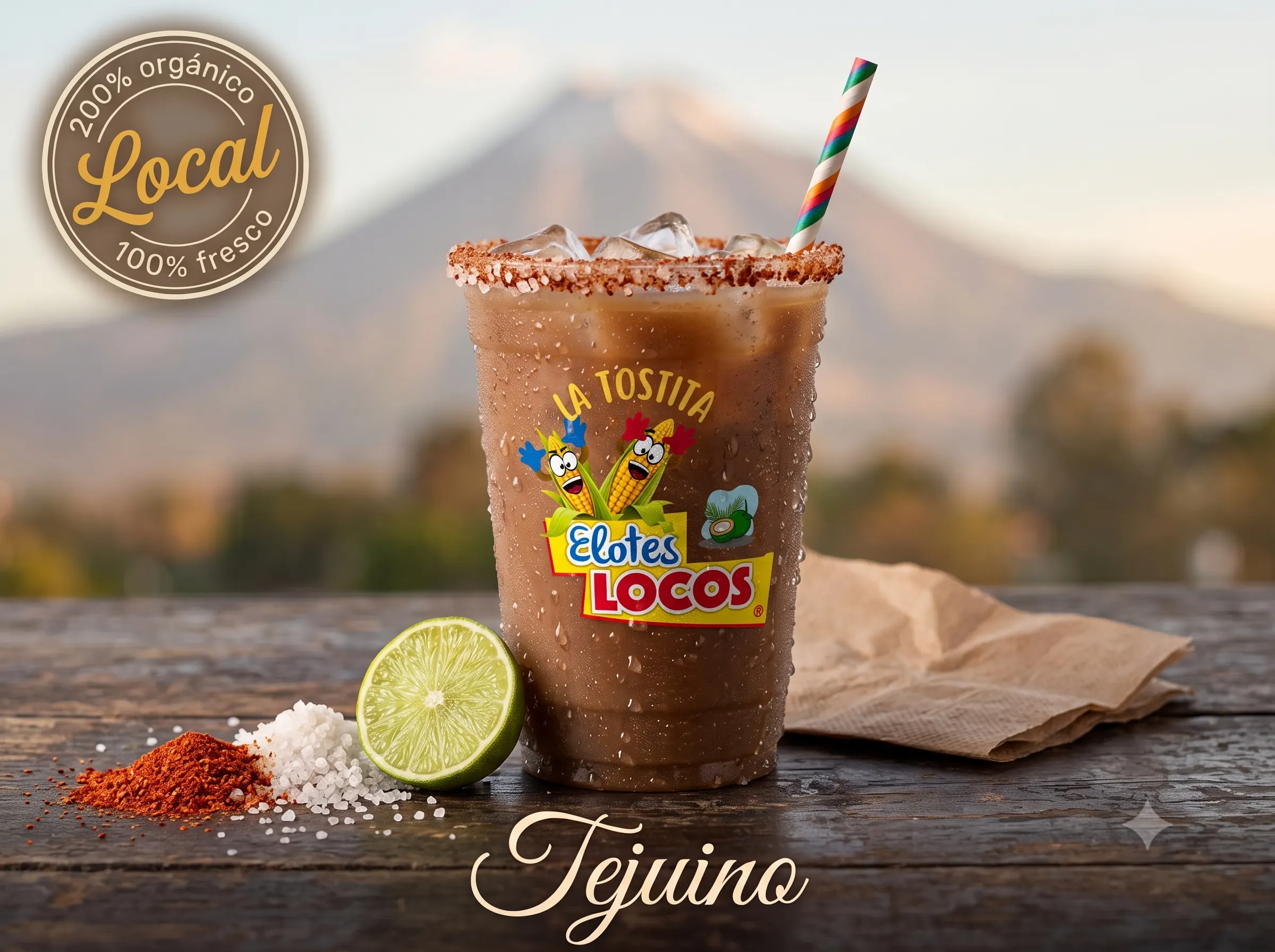 Tejuino helado con escarchado de chile y sal, en vaso.