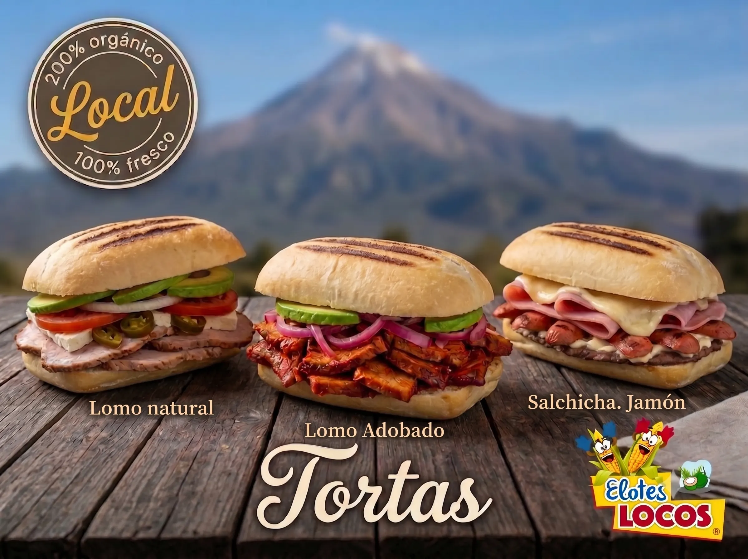 Tres tortas: lomo natural, lomo adobado, y salchicha con jamón.