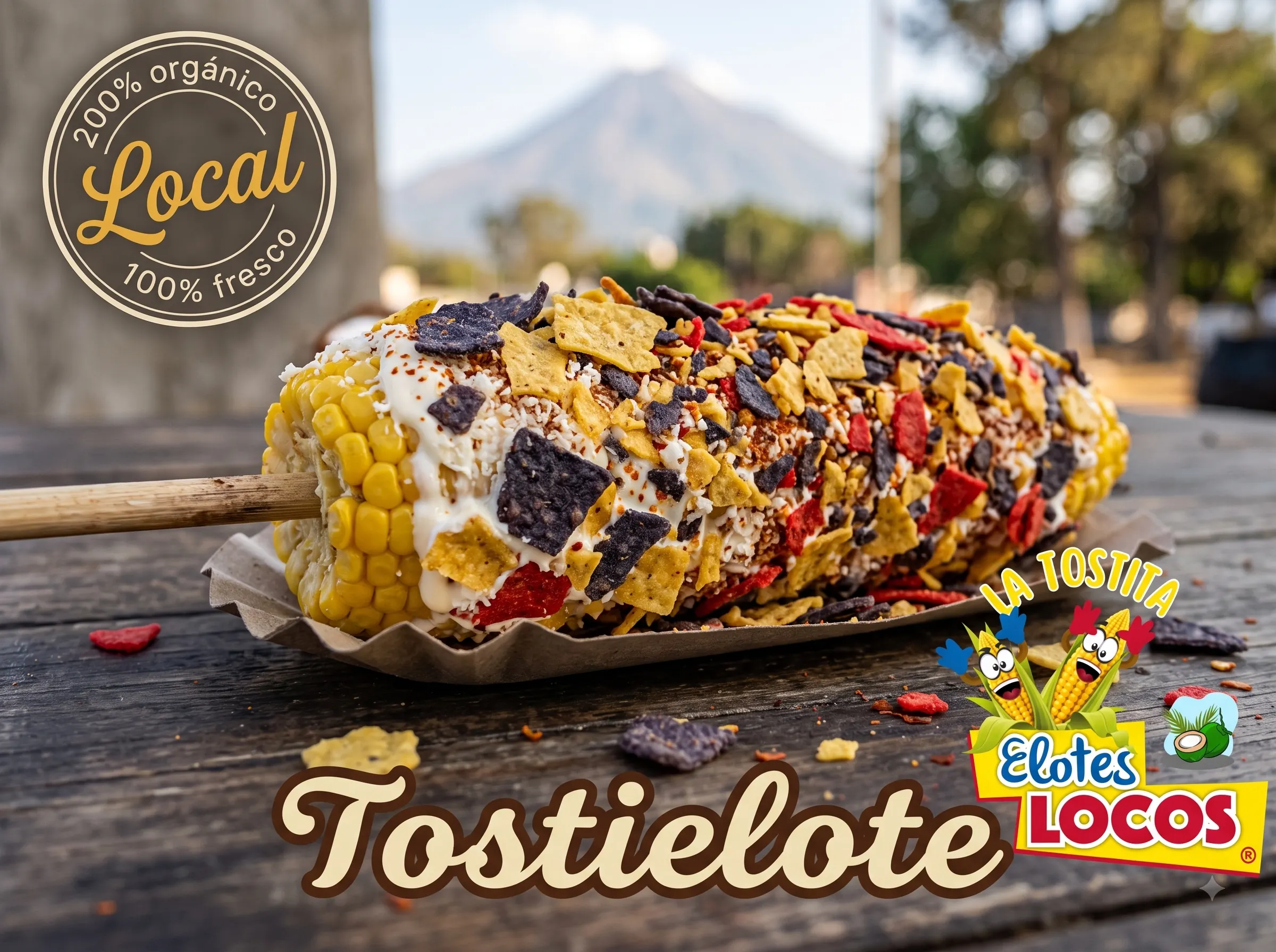 Tostielote con papas, granos de elote, crema, mayonesa y queso.