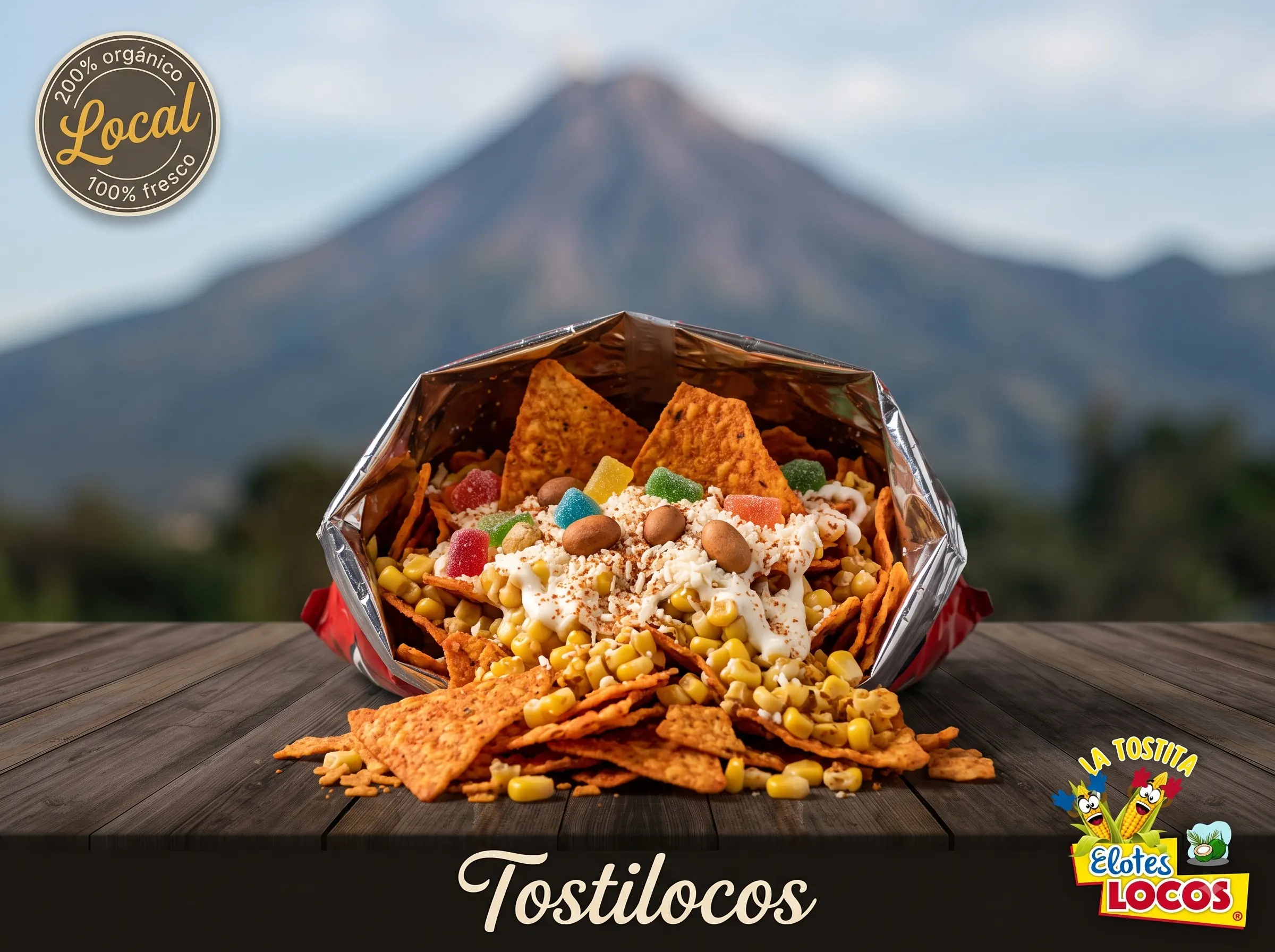 Tostilocos con cuerito, pepino, jícama, salsas, chamoy y cacahuates.